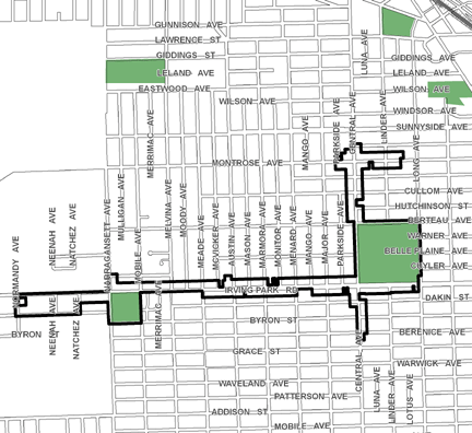 West Irving Park TIF district, roughly bounded on the north by Sunnyside Avenue, Grace Street on the south, Long Avenue on the east, and Normandy Avenue on the west.